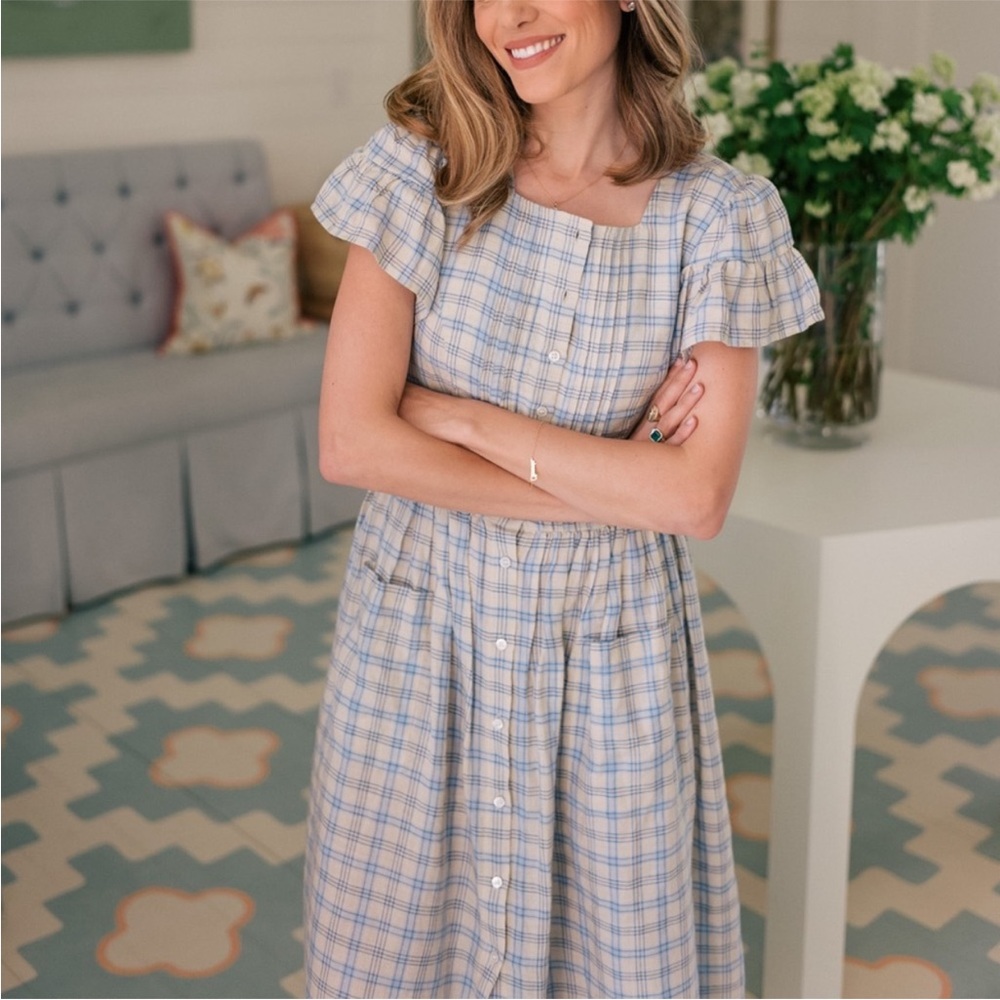 Doen Marfa Dress in Meadowlark Blue Plaid Sz XS/S Ruffle Sleeve Pintuck Bodice